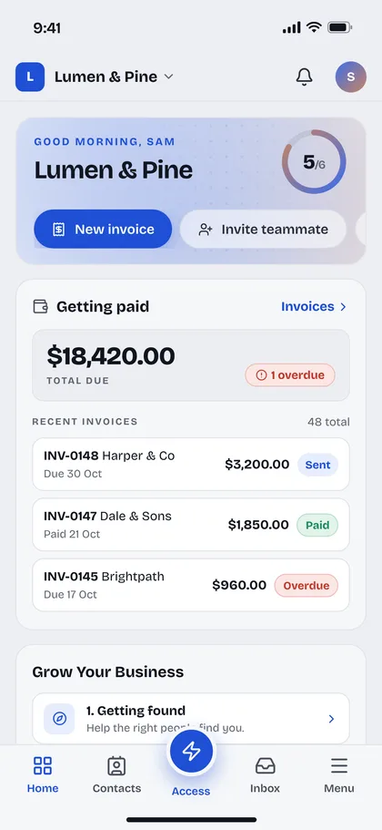 The IniDeck dashboard on mobile IniDeck dashboard on a phone, showing the total due, an overdue invoice flag and recent invoices marked sent, paid and overdue.